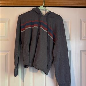 American Eagle Outfitters Dark Gray Hooded Sweater with Red and Blue Stripes